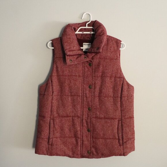 Old Navy Women's Large Pink Sleeveless Tweed Fleece‎ Lined Puffer Jacket Vest - Picture 1 of 11